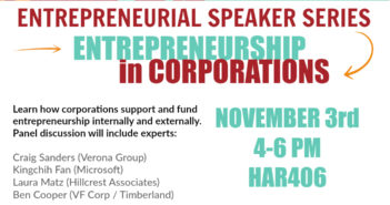 Speaking Panel: Entrepreneurship in Corporations: 11/3, 4 - 6 pm